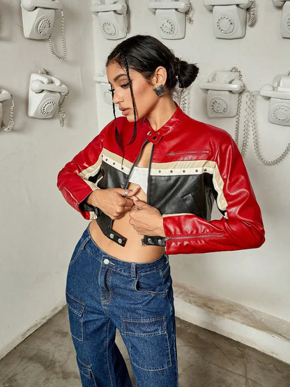 Cropped studded PU leather jacket female in red and black with stylish design for trendy outfits