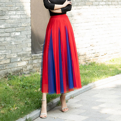 Women Color Block A-line Skirt Mid Length Drape Feeling High Waist Slim Mesh Skirts Carnival Festival Party Performance Costume