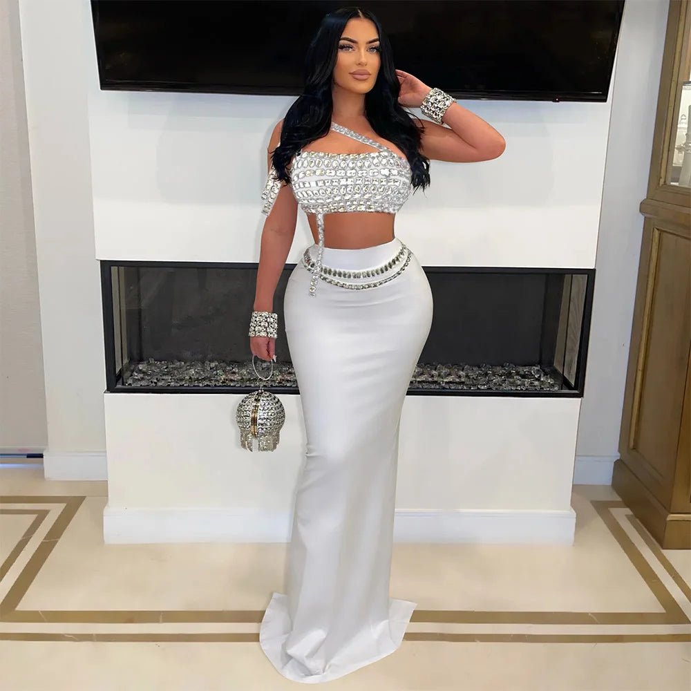 Rhinestone Dress 2 Piece Skirt Sets Elegant Luxury Long Dress 2024 Summer Clothes Sexy Club Outfit Crop Top Two Piece Skirt Sets