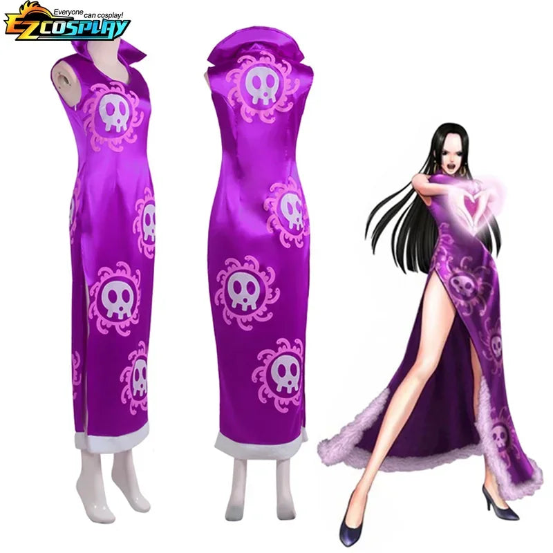 Boa Hancock Cosplay Costume Anime Kimono Purple Dress Cheongsam Cloak Women Halloween  Fancy Dress Cheongsam Uniform Suits
