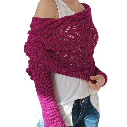 〔CC88〕Autumn and Winter Long Shawl Knitted Hollow Out Fashion Casual Wraps Shoulder Sweater Scarf with Lengthened Double Sleeves
