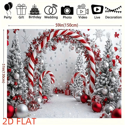 A shiny Christmas tree background cloth with candy sticks and a party banner featuring snowflake patterns