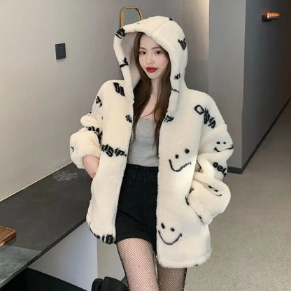 Jackets For Women 2022 Winter Cashmere Chic Printing Hooded Fashion Street Outerwear Sweet Casual College Women's jacket Coat