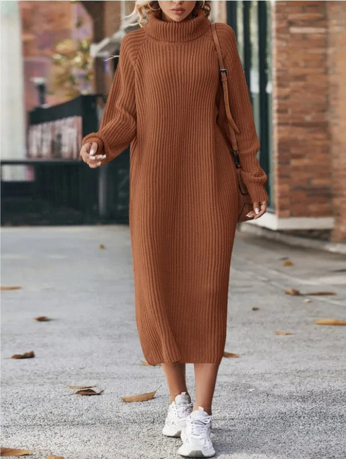 Winter New Women's Fashion Temperament Elegant Slim Fit Coat Long Woolen Dress Loose Casual High Neck Knitted Dress