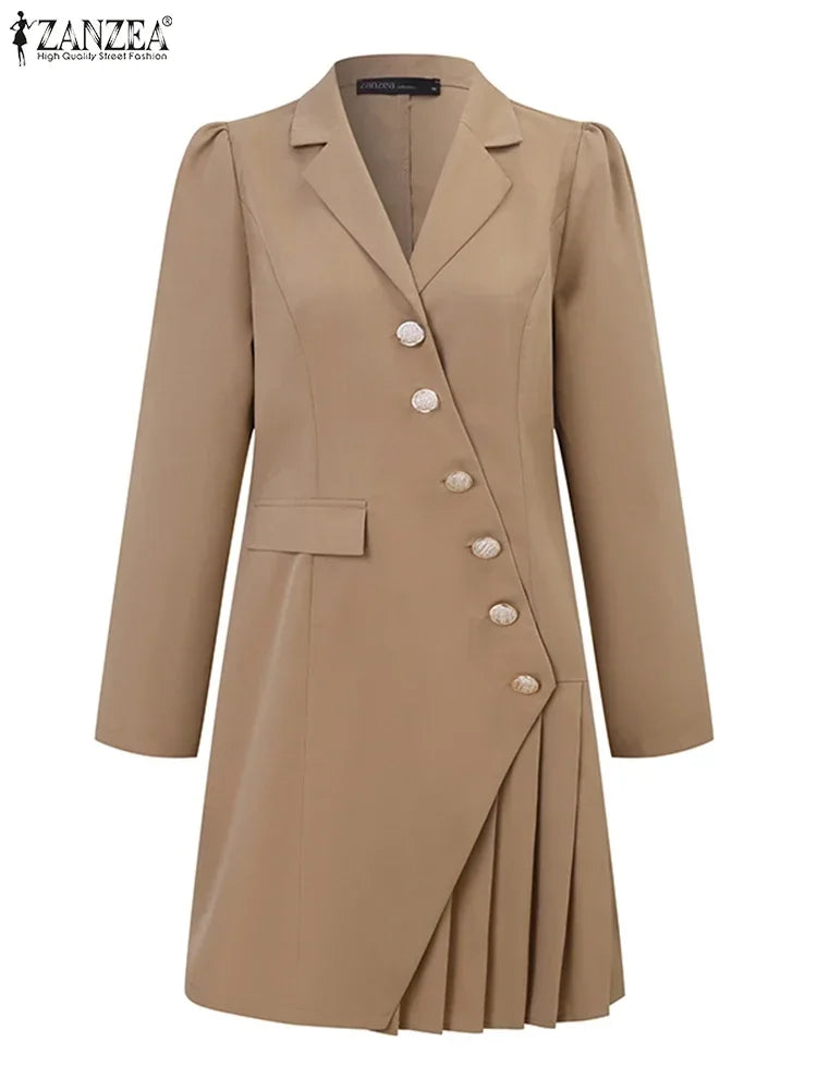 2024 ZANZEA Elegant Women OL Work Blazer Dress Autumn Fashion Casual Lapel Neck Solid Pleated Short Vestido Long Sleeve Sundres