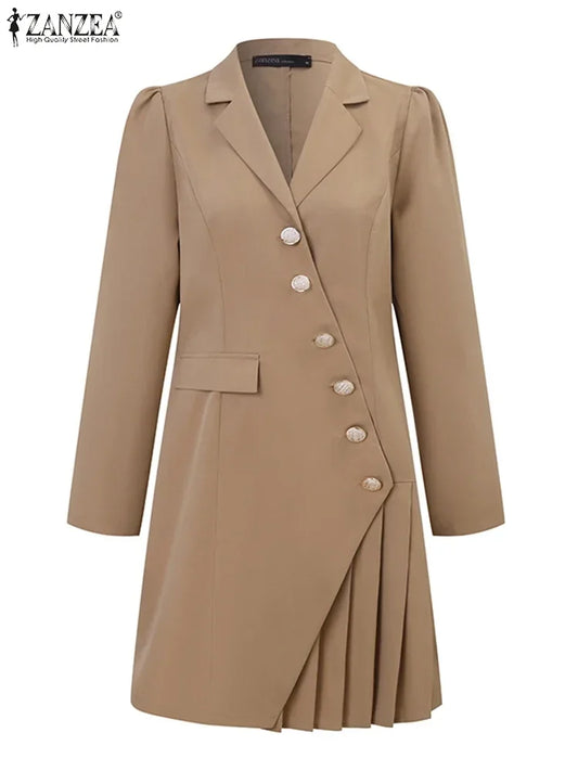 2024 ZANZEA Elegant Women OL Work Blazer Dress Autumn Fashion Casual Lapel Neck Solid Pleated Short Vestido Long Sleeve Sundres