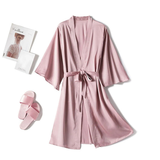 New Women Night Gown Robesatin Silk Pajamas Bathrobe Satin-silk Kimono Women Sexy Sleepwear Dresses With Belt