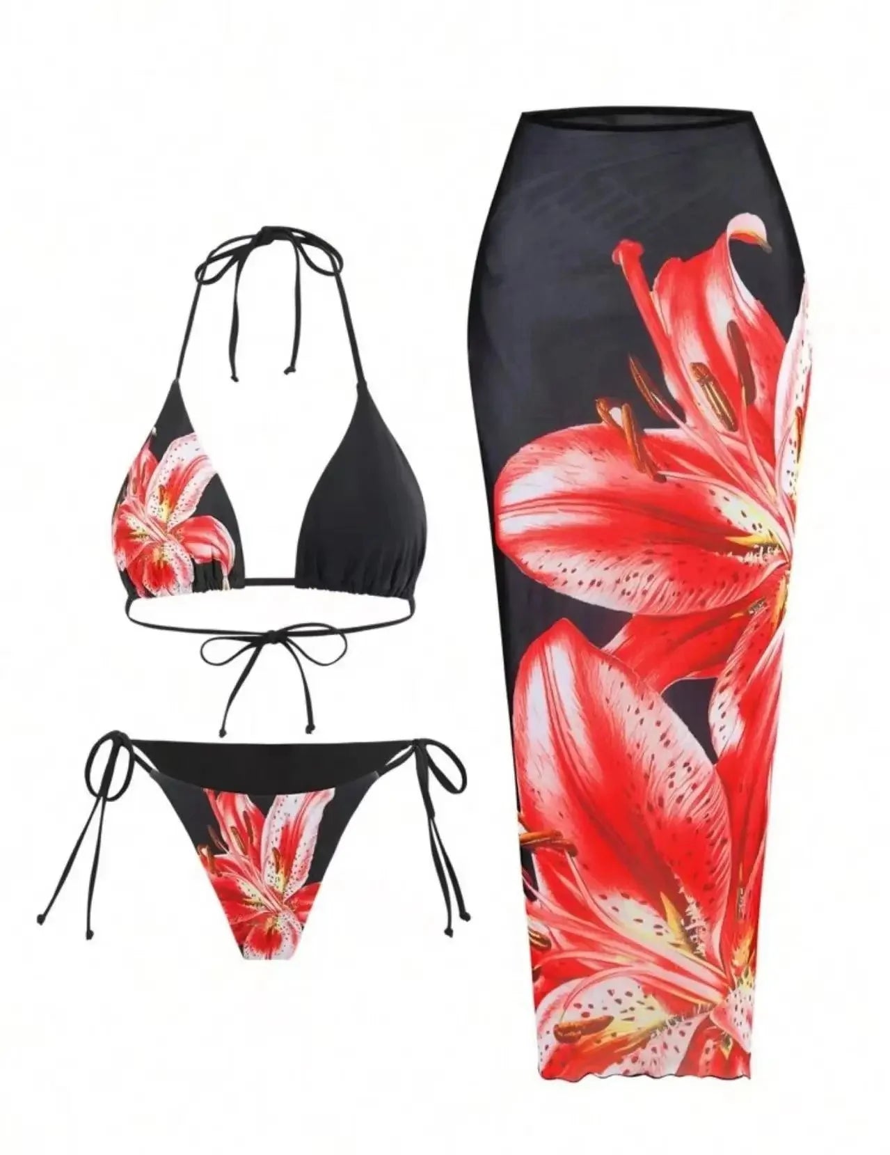 Sexy Print Three-piece Swimsuit Set Charms Lilies Limited Edition Bikini Set Attractiveness Sensuality Fashionable Women's Wear
