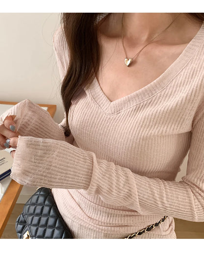 Autumn Sexy Classic V-neck Knitted Female T-shirts New Elastic Fashion Slim Simple Casual Pure Color Long Sleeves Women T-shirts
