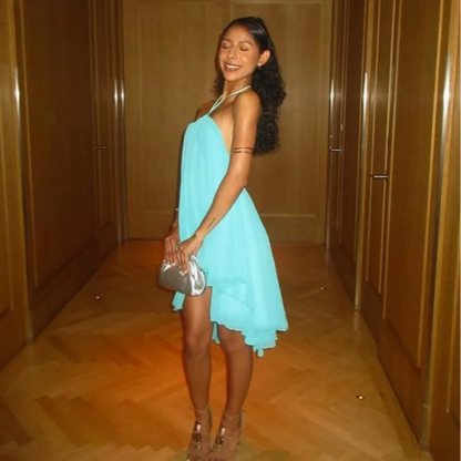 Elegant Halter Ruffles Short Dress Women Loose Solid Strapless Sleeveless Backless Dresses 2025 Summer Lady Beach Vacation Robes