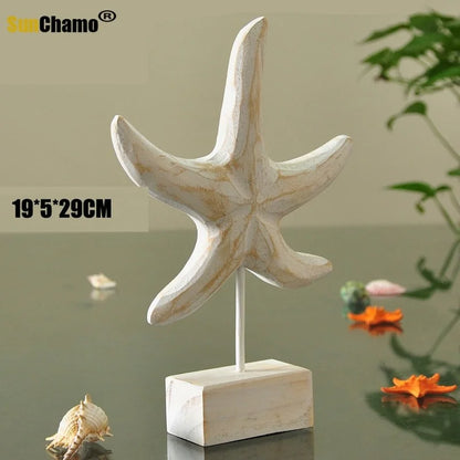 Mediterranean Style Home Decoration Accessories Wooden Crafts Starfish Conch Hippocampus Wood Carving Marine Living Room Decor