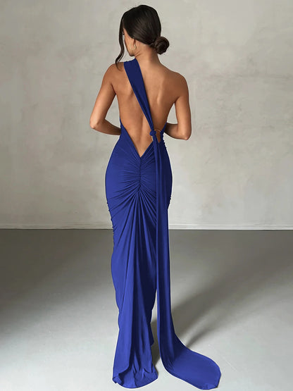 Hugcitar One Shoulder Backless Adjustable Scarf Loop Ruched Sexy Maxi Dress 2025 Women Elegant Y2K Streetwear Festival Outfit