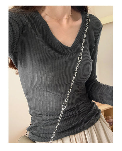 Autumn Sexy Classic V-neck Knitted Female T-shirts New Elastic Fashion Slim Simple Casual Pure Color Long Sleeves Women T-shirts