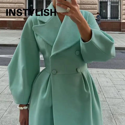 Winter Coat for Women Elegant Lantern Sleeve Lapel Collar Trench Coats Vintage Chic Long Jackets Overcoat 2023 Luxury Outwear