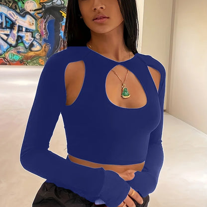 Spring and Summer Europe and the United States Hot New Street Selling Pure Color Round-necked Long-sleeved Hollow Midriff Shor