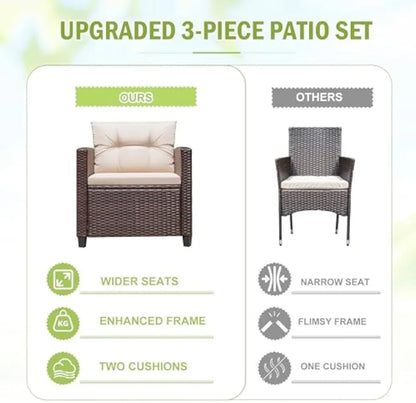 3 Pieces Patio Furniture Set, PE Rattan Wicker Patio Set with, Patio Chairs and Table for Porch, Garden Poolside Balcony