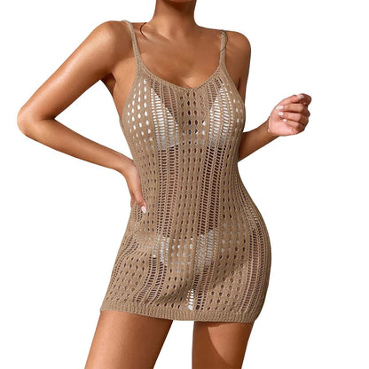 Women'S Sexy Sheer Knit Textured Crochet Overlay Spaghetti Strap Short Dress Beach Cover Women S Swim Cover Ups Halter Cover Up