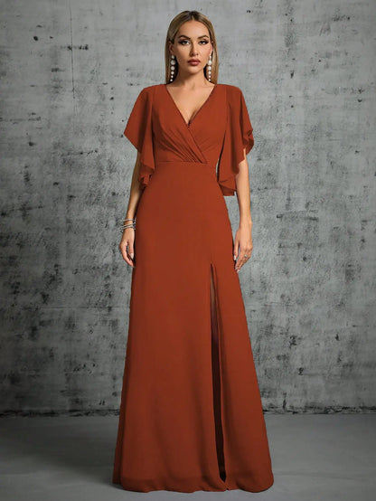 Mgiacy Beaded collar hem flared slit sleeve chest pleated chiffon slit skirt Evening gown Ball dress Party dress
