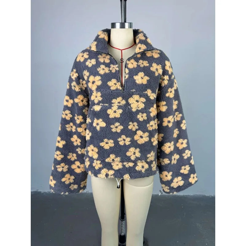 Cozy lambskin coat for women featuring a floral design and a comfortable pullover style
