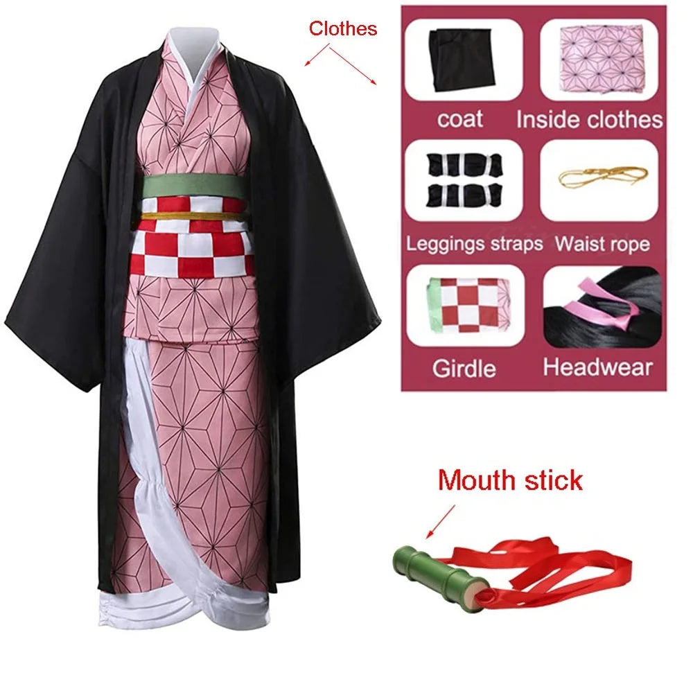 Demon Slayer Nezuko cosplay costume featuring layered garments and accessories for anime fans