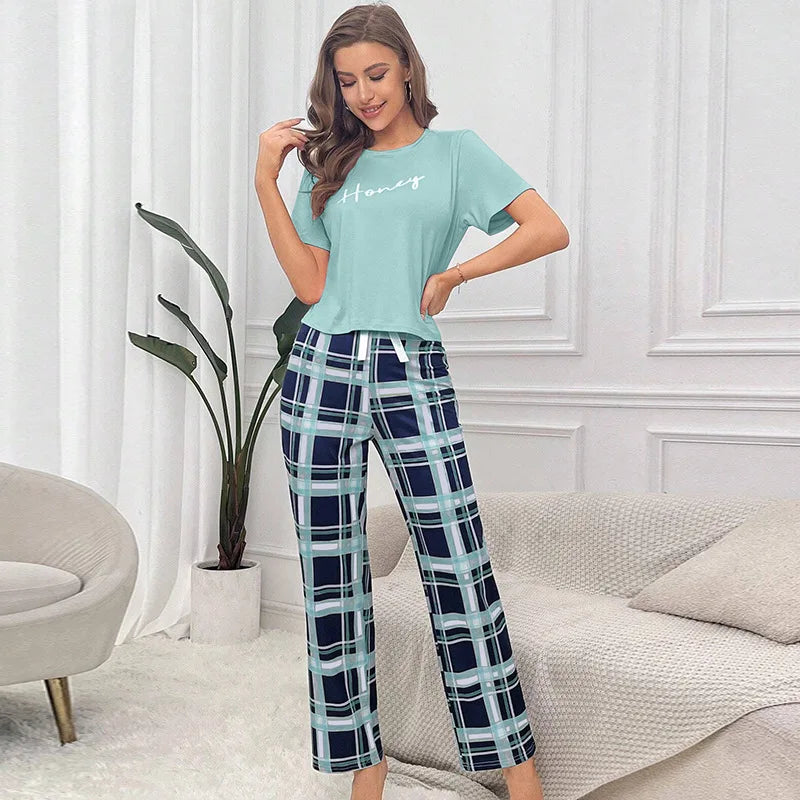 Women Pajama Set Super Soft Cotton Short Sleeve Pink Tops With Long Pants  Two Pieces High Quality Sexy Lingerie Homewear Set