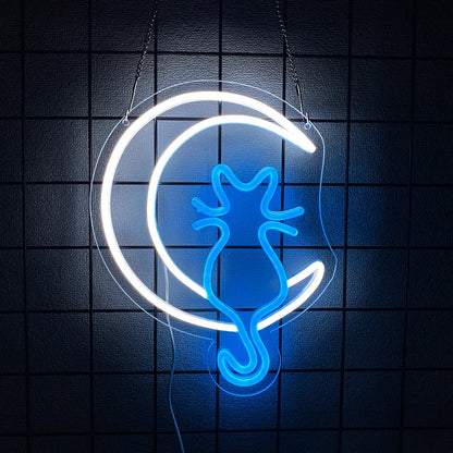 Cool Cat with Glasses Neon Sign for Wall Decor, Moon Cat USB  LED Neon Light Sign for Preppy Room Birthday Party Decoration