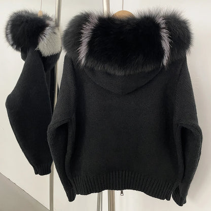 OFTBUY Real Fox Fur Kintwear Women 2025 New Spring Autumn Hooded Sweater Female Loose Zipper Kintted Jacket Oversized Cardigan