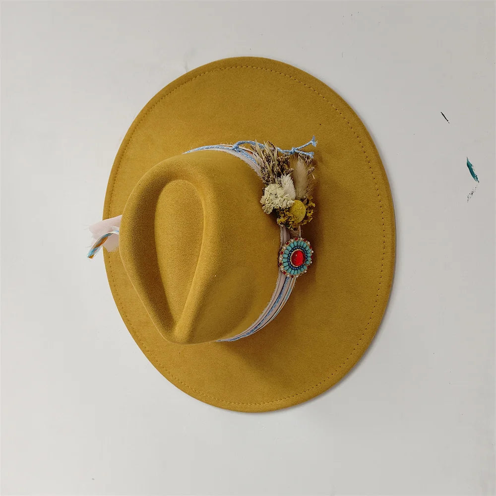 Embroidered three-dimensional flower fedora hat Women's jazz top hat Spring and autumn panama church fashion elegant wedding Hat