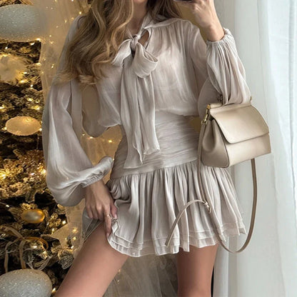 Elegant Bow Lace Up Top Skirts Set for Women O-neck Long Lantern Sleeve Blouses High Waist Pleated Skirt 2025 New Lady Outfits