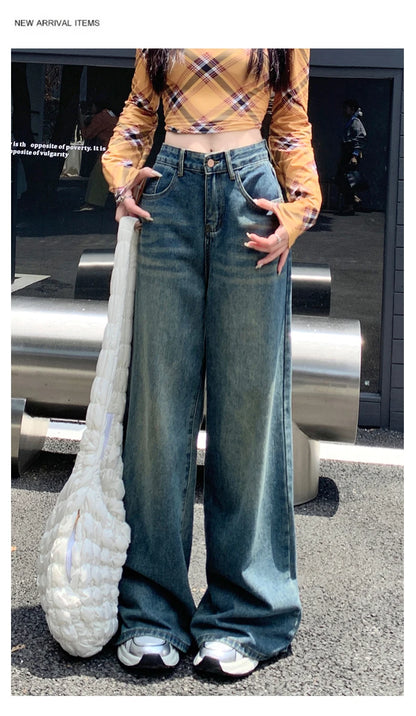 Women's Jeans Denim Pants 2025 Euramerican High Waist Girl Style Jean Trousers Colorful Straight Leg Wide Leg Pants