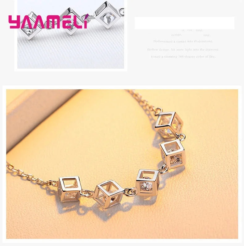 Top Sale 925 Sterling Silver Color Jewelry Gift Set Cube Cubic Zircon Necklace/Earrings/Bracelet/Ring for Wedding Engagement