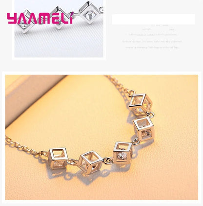 Top Sale 925 Sterling Silver Color Jewelry Gift Set Cube Cubic Zircon Necklace/Earrings/Bracelet/Ring for Wedding Engagement
