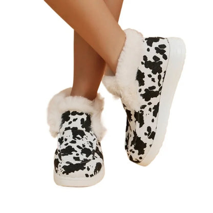 2025 Autumn Winter Women Fluffy Fur Snow Boots Women Leopard Print Flat Flat Heels Thicken Plush Cotton Padded Shoes Woman Warm