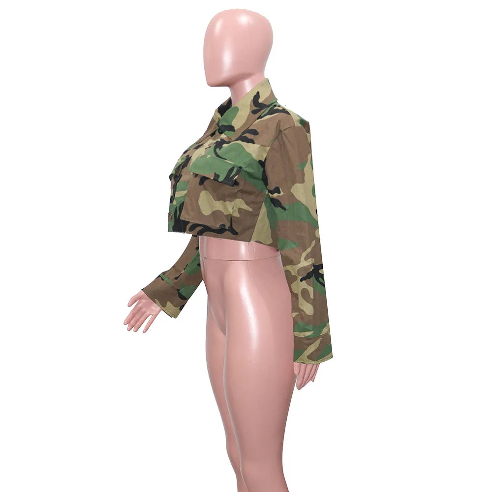 Women's Clothes Coats Casual Fashion Camouflage Print Large Pocket Lapel Long Sleeve Short Jacket for Women