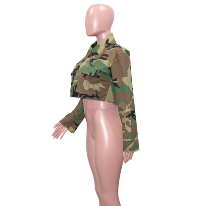 Women's Clothes Coats Casual Fashion Camouflage Print Large Pocket Lapel Long Sleeve Short Jacket for Women