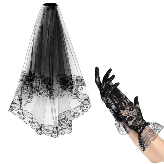 Black lace veil and gloves set featuring delicate floral lace trim for elegant occasions