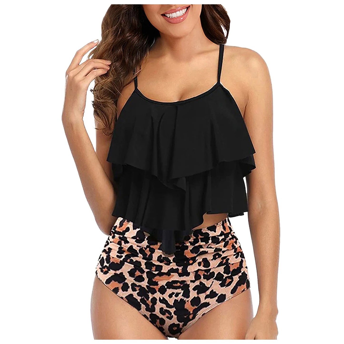 Chic Elegant Bikini Summer Multi-Layer Ruffled Edge Folds Crew Neck Sling Swimwear High Waist Thong Separate Two-Piece Swimsuit