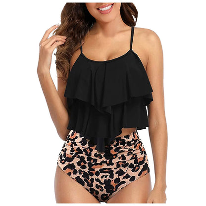 Chic Elegant Bikini Summer Multi-Layer Ruffled Edge Folds Crew Neck Sling Swimwear High Waist Thong Separate Two-Piece Swimsuit