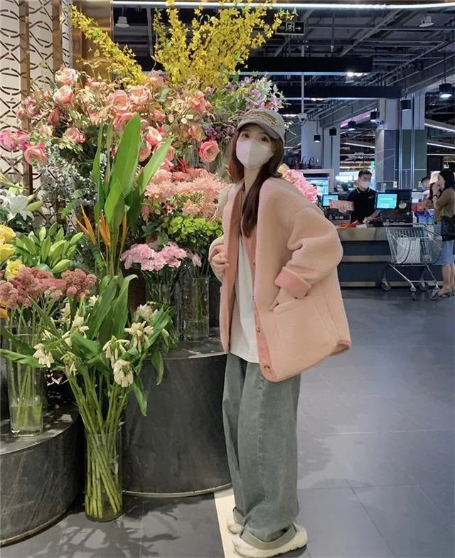 2024 Winter New Women's Lamb Wool Jacket Petite Loose-Fit Thickened Integrated Deer Skin Fleece Medium-Length Korean Style