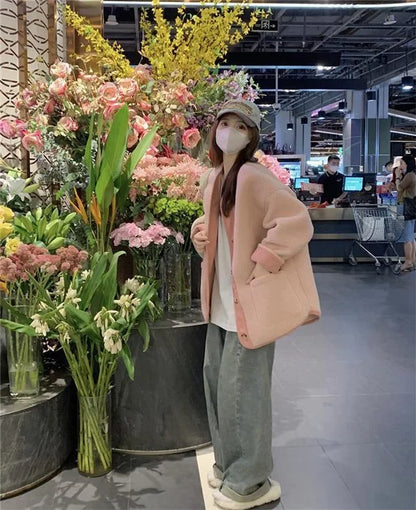 2024 Winter New Women's Lamb Wool Jacket Petite Loose-Fit Thickened Integrated Deer Skin Fleece Medium-Length Korean Style