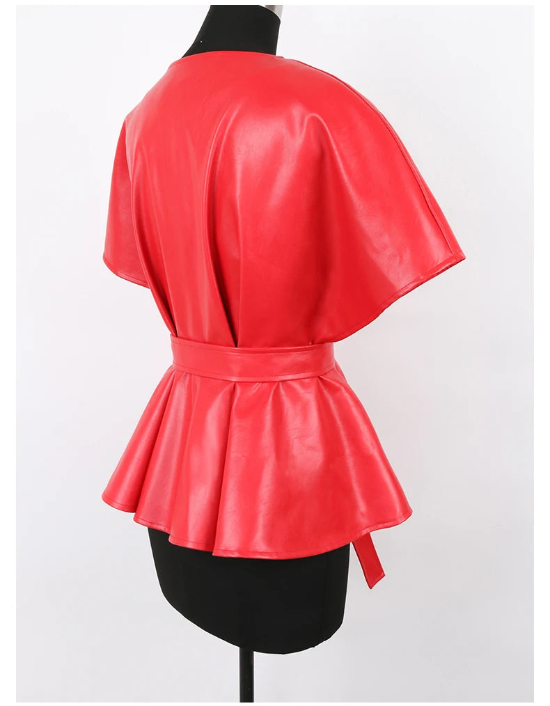 Nerazzurri Spring Short Red Faux Leather Vest Women Belt Runway Fashion Elegant Luxury Designer Clothes Sleeveless Jacket 2022