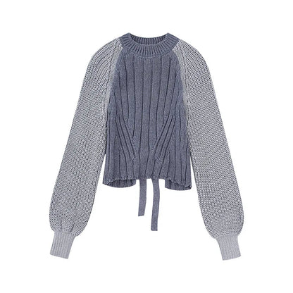 Fashionable Backless Knot Design Knitted Top Women's Autumn Wear Versatile Street Style round Neck Long Sleeve Polyester