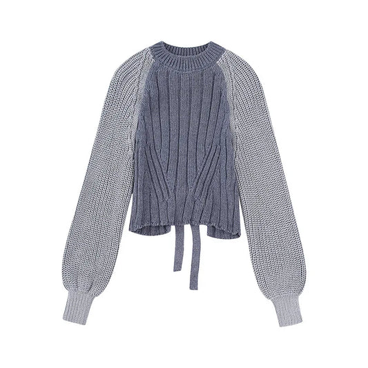 Fashionable Backless Knot Design Knitted Top Women's Autumn Wear Versatile Street Style round Neck Long Sleeve Polyester