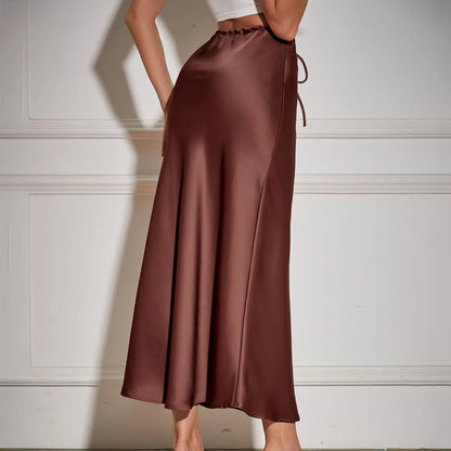 Women'S Solid Color Satin Long Dress High Waist Drawstring Dress Maternity Skirts Reflective Dress Trailing Dress Ropa De Mujer