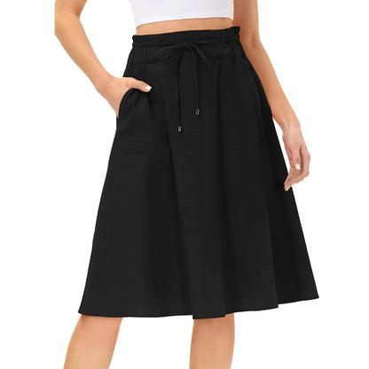 Summer Knee Length Boho Skirt Women Drawstring Ruffled High Waist Lace Up Solid Color A-Line Skirt Pockets Pleated Skirt
