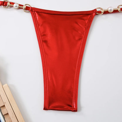 Shiny Pink Micro Bikini 2025 Mujer Women Sexy PU Pearls Push Up Thong Swimsuit Summer Bathing Suit Bandage Holiday Swimwear
