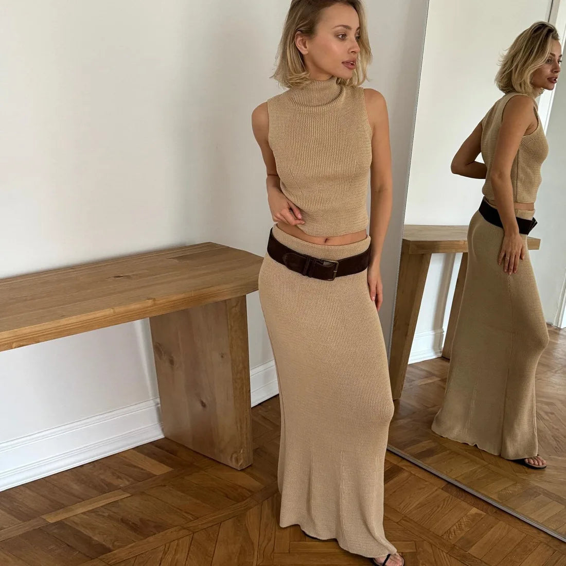 Autumn Elegant Long Skirt Two-piece Set Women's Sleeveless Knitted Turtleneck Vest Slim Skirt Set Female New Fashion Skirt Set