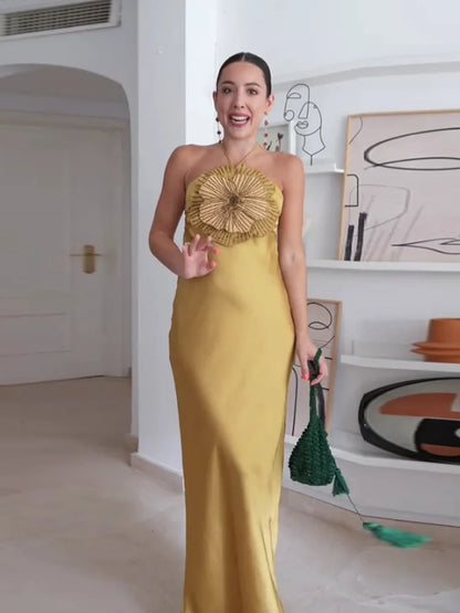 Elegant Party Women's Dress 3D Flower Halter Sleeveless Backless Mermaid Satin Female Dresses 2025 Summer Chic Evening Lady Robe