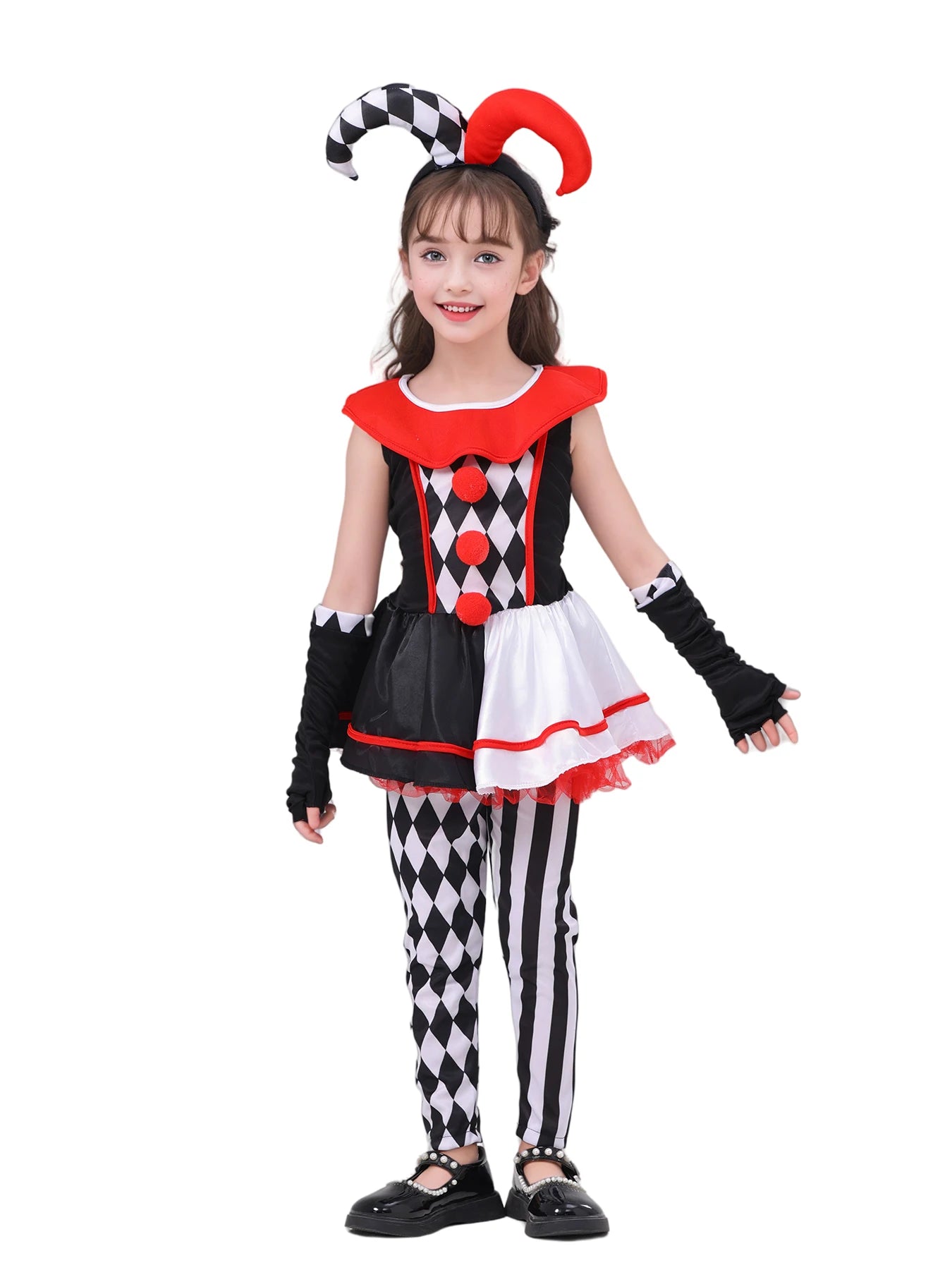 Girls jester clown costume with black and white checkered design and red accents for playful dress-up