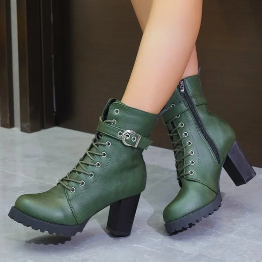Women's Ankle Boots Green Large Size Winter 2025 New Horse Biker Chunky Rubber Bottom High Heel Platform Casual Basic Rain Shoes